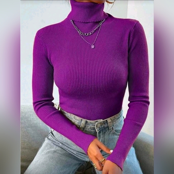 Boutique Tops - NEW Chic Ribbed Knit Turtleneck Top Bodycon Purple